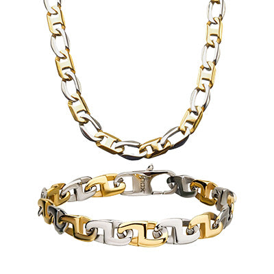 Men's Stainless Steel 8mm Gold Plated Mariner Chain Set. Bracelet 8 1/