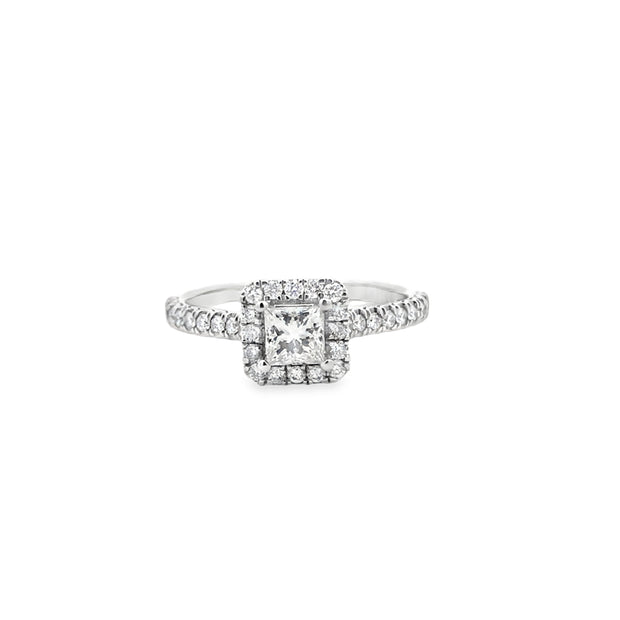 14Kt White Gold Diamond Engagement Ring With 1 Princess Cut Center Stone .38Ct Tdw I1 GH Surrounded By 16 Diamonds And 18 Diamonds On The Sides .37Ct Tdw I1 HI Size 7