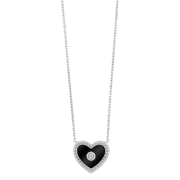 Sterling Silver Heart Shaped 18" Necklace With Onyx Inlay And One Diamond Weighing .03Ct I1 IJ.