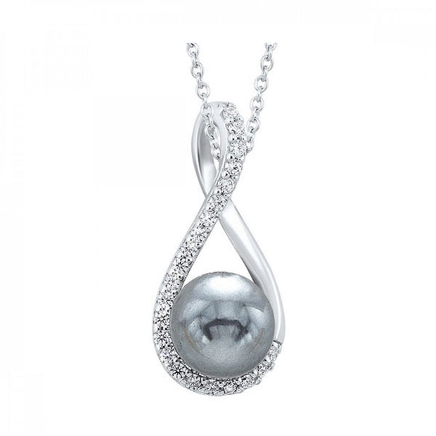 Sterling Silver Pendant With 1 Gray Pearl And 20 Round CZs On 18" Ster