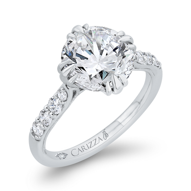 14K White Gold Round Cut Diamond Engagement Ring Mounting With 9 Diamo