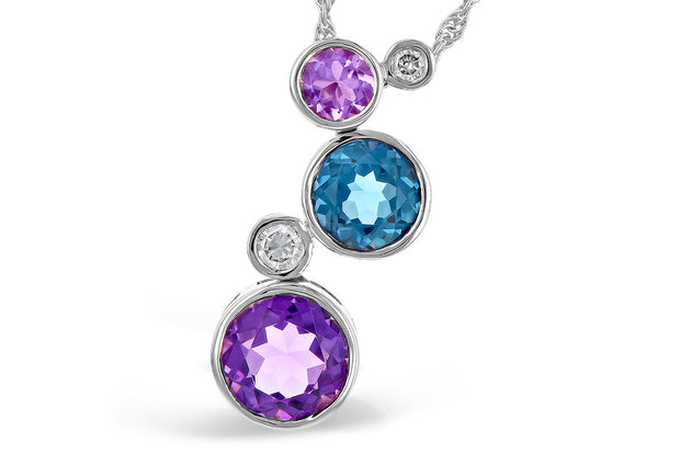 14kt White Gold Bezel Set Pendant With 2 Round Amethyst ,1 Round Blue