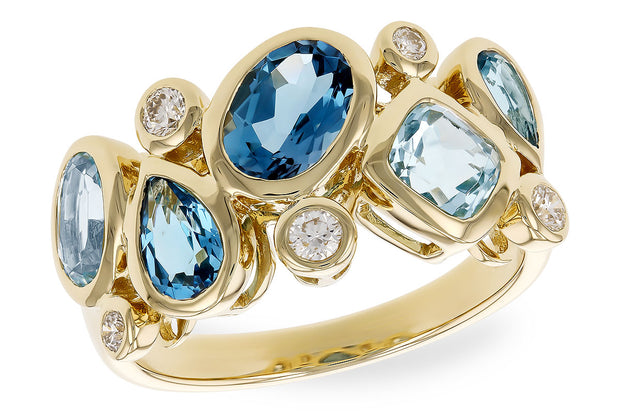 14kt Yellow Gold Ring With Various Shapes and Shades of Blue Topaz 2.5