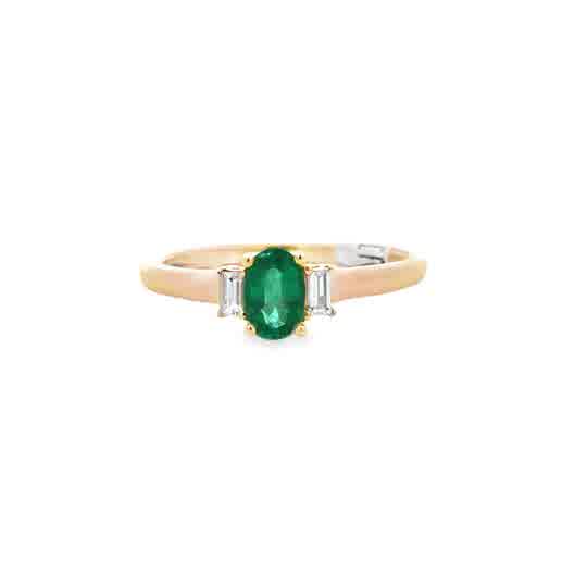 14kt Yellow Gold Ring With 4x6 Oval Emerald .43ct and Baguette Diamond