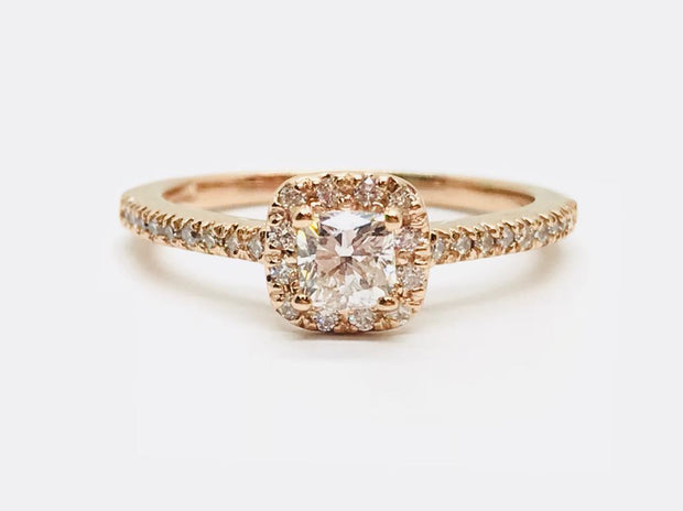 14Kt Rose Gold Engagement Ring With Cushion Cut Center and Halo of 12