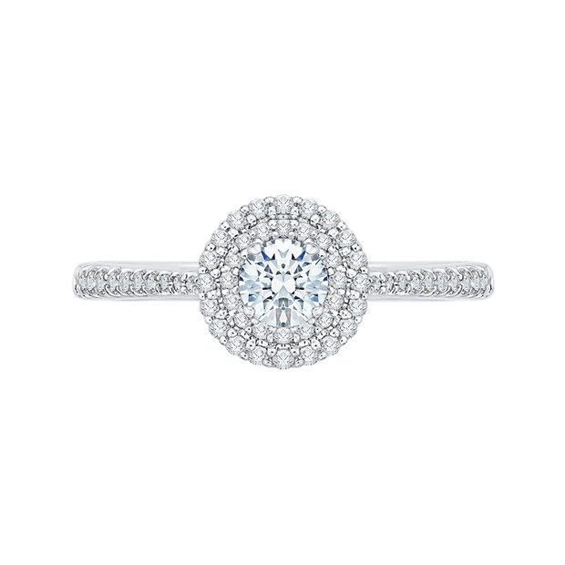 14Kt White Gold Promizza Engagement Ring Set with Round Cz Center and Double Halo of 36 Round Prong Set Diamonds