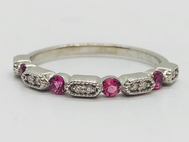 10Kt White Gold Stacker Band with 4 Round Prong Set Pink Tourmaline .18ct TGW and 10 Round Prong Set Diamonds with Miligran .05ct TDW I1 HI Size 6.5