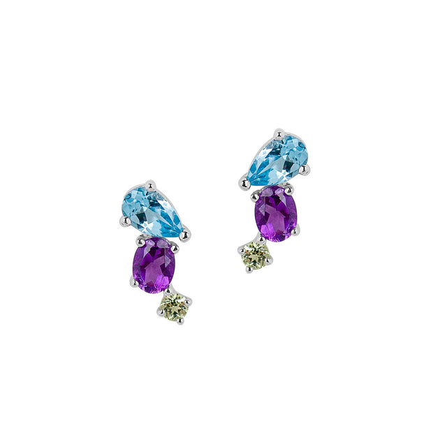 .925 Silver Earings With Swiss Blue Topaz, Amethyst, And Peridot