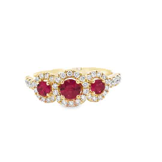 18kt Yellow Gold Ring With 3 Round Rubies .59ct Surrounded by 42  Roun