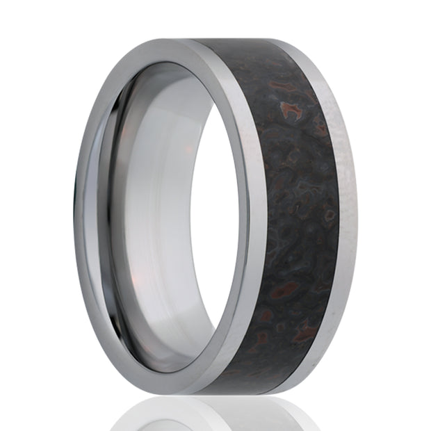 8mm Tungsten Flat High Polish Finish With 5mm Grey Dino Bone Inlay