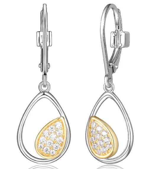 Sterling Silver Dangle Earrings with Pear Shape and Pave CZ, Lever Bac