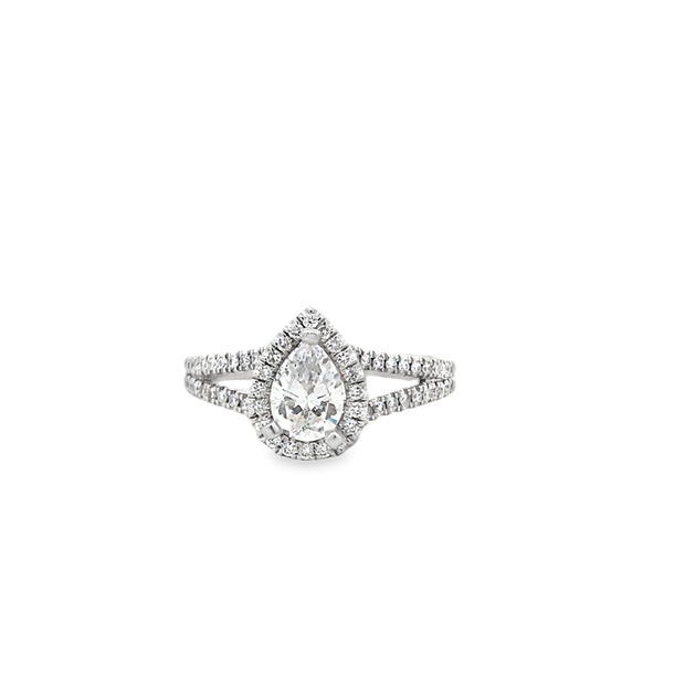 14Kt White Gold Engagement Ring Set With Pear Shaped Cz And Halo Of 20 Round Prong Set Diamonds With 42 Round Prong Set Diamonds Down Each Shoulder In A Double Row Spilt Design .33Ct Tdw I1Hi