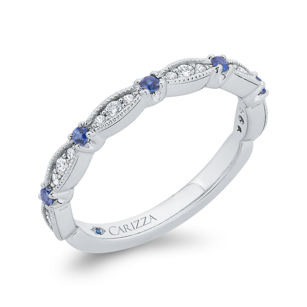 14K White Gold Round Diamond & Sapphire Wedding Band With 19 Diamonds