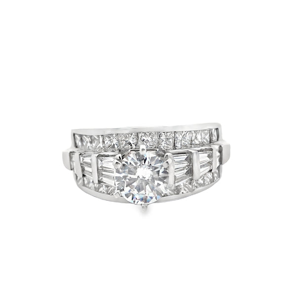 14K White Gold  6-Prong Semi Mount With 22 Princess Cut Diamonds And 12 Baquette Diamonds Totaling 2.26Ct Tdw I1 HI. Size 7, CZ Center