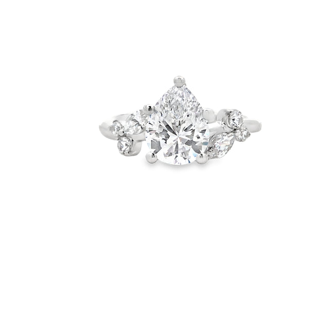 14kt White Gold Ring With Pear Shaped CZ Center 1.50ct With 2 Marquise