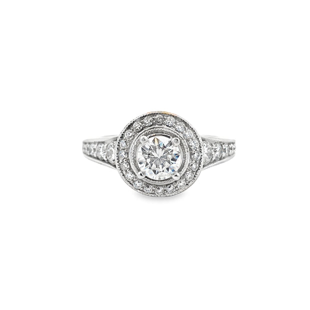 14K White Gold Engagement Ring With 12 Round Diamonds On The Band And 20 Round Diamonds Around The Halo .63Ct Tdw I1 HI, Size 7, CZ Center Goes With Wedding Band 110-1194