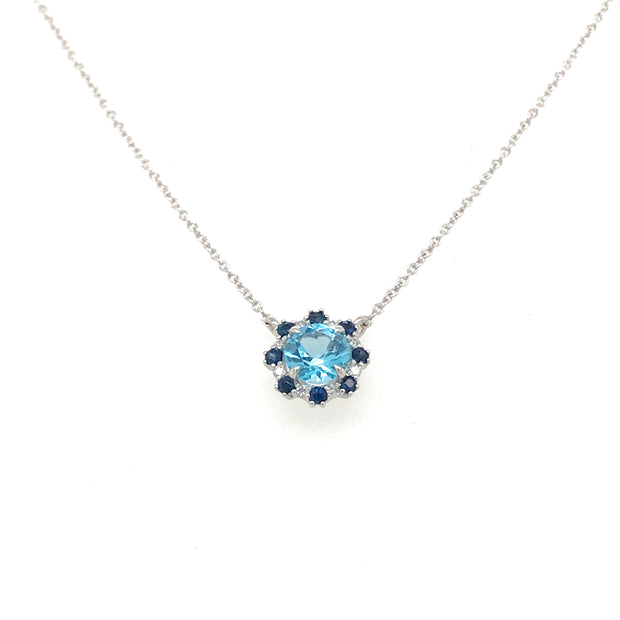 14Kt White Gold Necklace With Round Blue Topaz .58 And Halo With 8 Rou