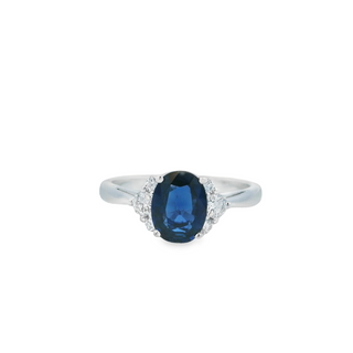 14kt White Gold Ring With Oval Sapphire 1.57ct and 6 Round Diamonds .2