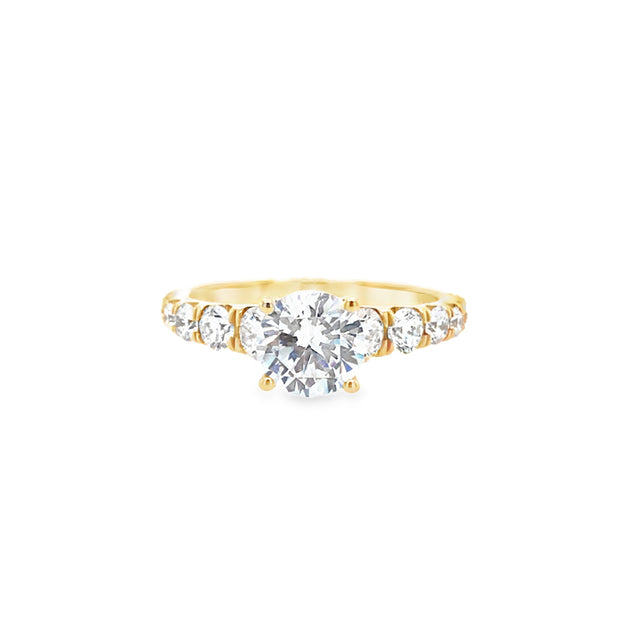 18kt Yellow Gold Ring With 14 Round Side Diamonds .89ct and 1.00ct Rou