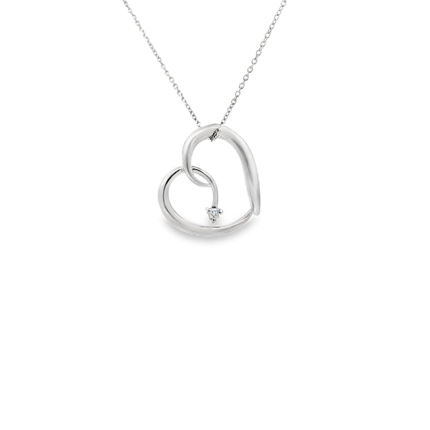 Vintage 14Kt White Gold Heart Necklace Prong Set With One Round Brilli