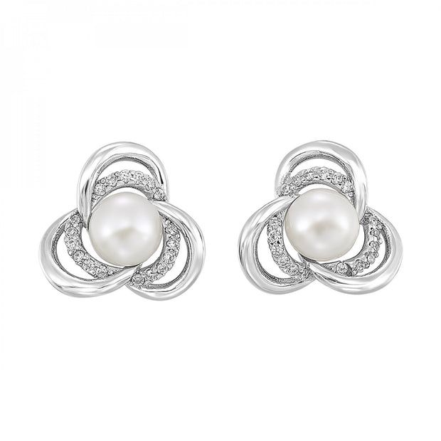 Sterling Silver Earrings With Pearl Center and CZ Accent Stones.