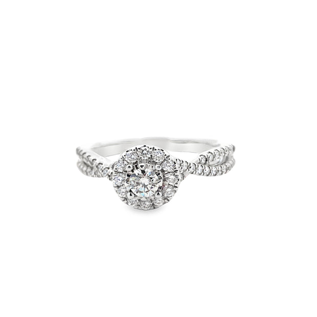 14Kt White Gold Engagement Ring With 1 Round Diamond .22Ct With 12 Diamonds Surrounding And 36 Diamonds Twisting Down The Sides .31Ct Tdw I1 GH Size 6.5