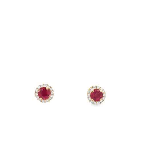 14kt Yellow Gold 4mm Round Ruby .59ct With 28 Round Diamond Halo Earri