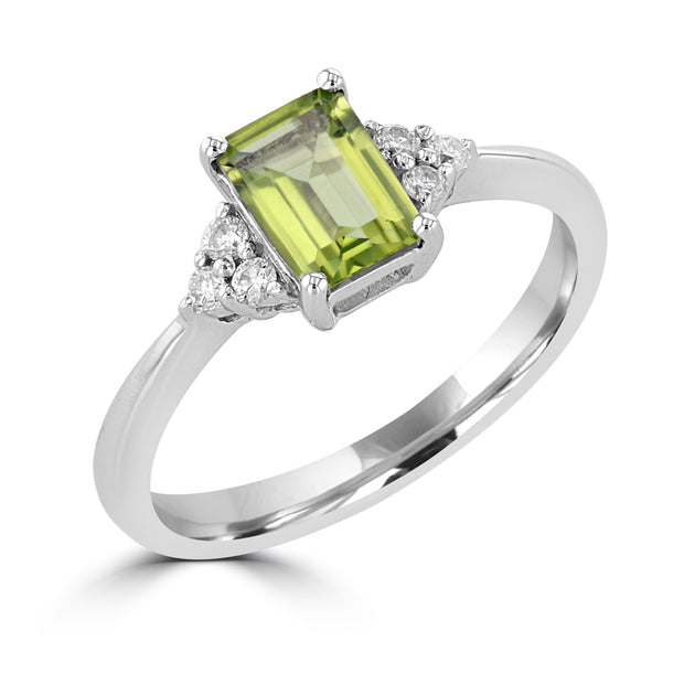 14kt White Gold Ring With 5x7 Emerald Cut Peridot .95ct and 3 Round Di