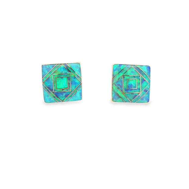 Vintage 14Kt Yellow Gold Square Earrings With Opal Inlay Weighing 2.7