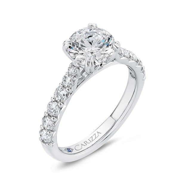 Round Diamond Engagement Ring In 14K White Gold Mounting With 15 Diamo