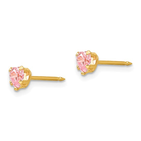 14K Yellow Gold 4MM Pink Heart CZ Piercing Stud