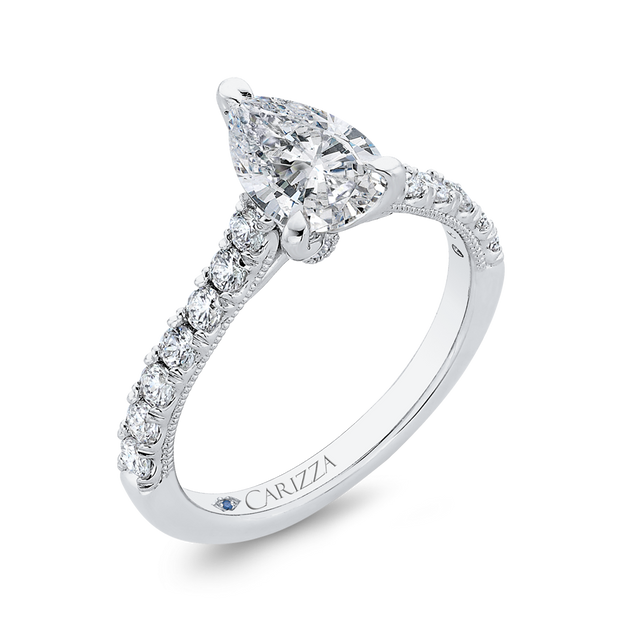 14K White Gold Pear Diamond Engagement Ring Mounting With 17 Diamonds