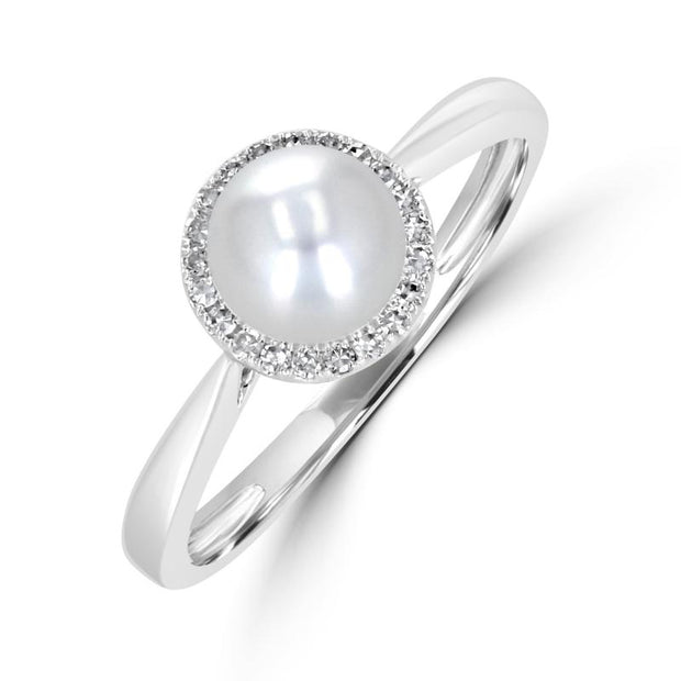 14Kt White Gold Ring With 6Mm Freshwater Pearl Surrounded By 23 Round