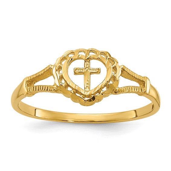 10K Diamond-Cut Childs Heart and Cross Ring