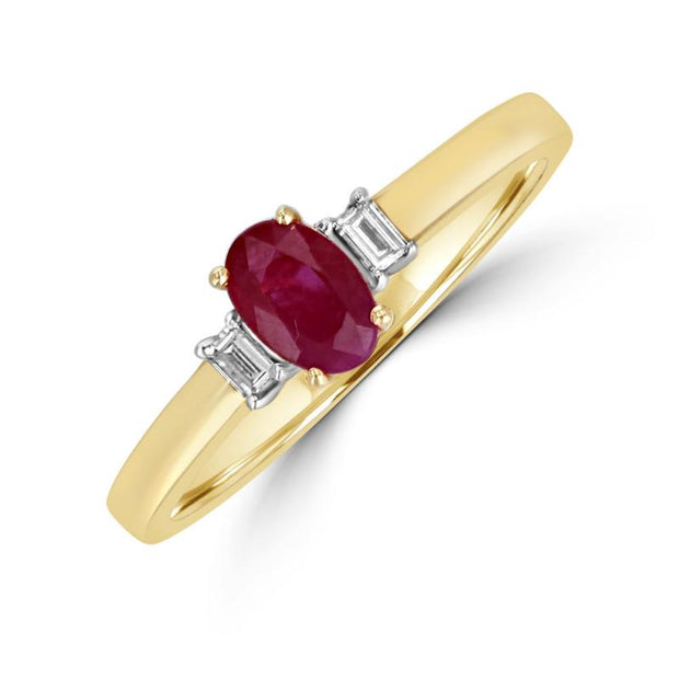 14kt Yellow Gold Ring With 4x6 Oval Ruby .53ct and Baguette Diamond On