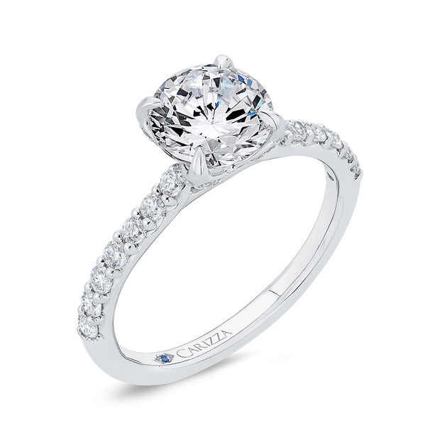 14K White Gold Round Diamond Engagement Ring Mounting With 41 Diamonds