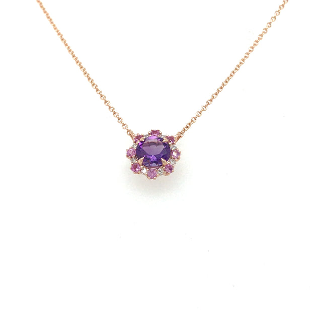 14Kt Rose Gold Necklace With One .43 Ct Round Amethyst And Halo Of 8 R