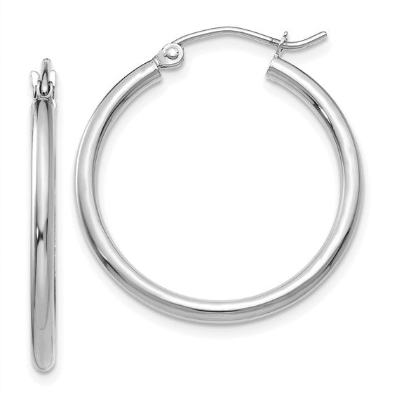 10K White Gold Polished 2x25mm Tube Hoop Earrings