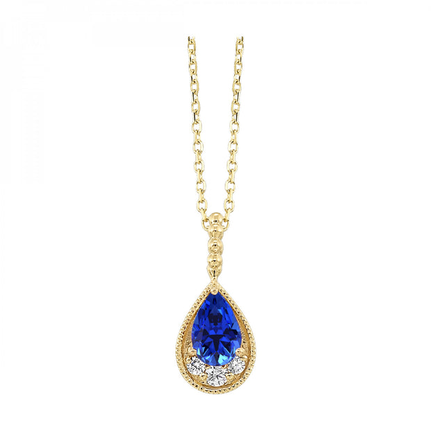 14kt Yellow Gold Pendant With Pear Shapped Blue Sapphire .50ct and 3 R