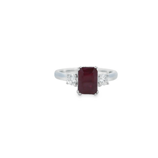 14kt White Gold Ring With Emerald Cut Ruby 1.97ct and 2 Round Diamonds