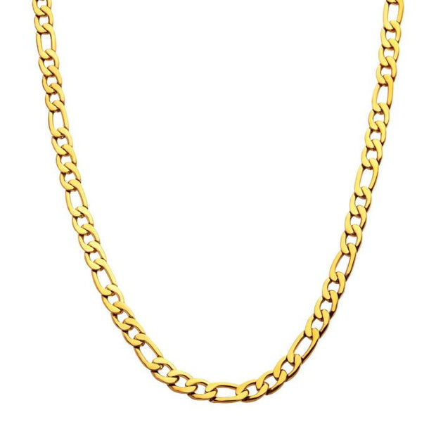 Men's Stainless Steel 6mm 18K Gold Plated Figaro Chain Necklace. Available sizes: 20, 22, 24 and 26 inch long