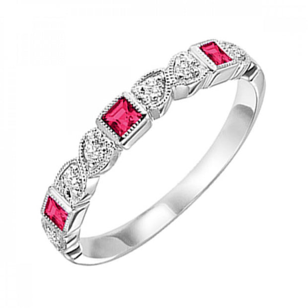 14kt White Gold Ring With 3 Round Rubies .16ct and 6 Round Diamonds .0