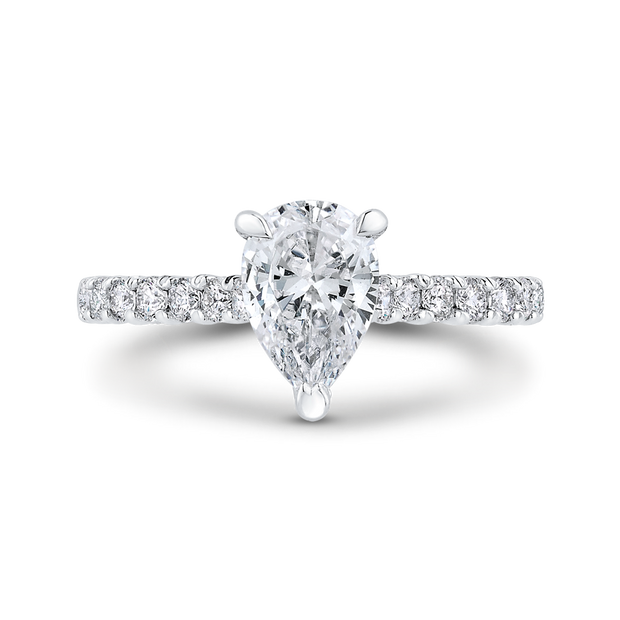 14K White Gold Pear Diamond Engagement Ring Mounting With 17 Diamonds