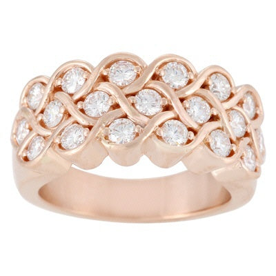 14Kt Rose Gold Woven Design Ring With 3 Rows Of Round VS2 G/H Diamonds