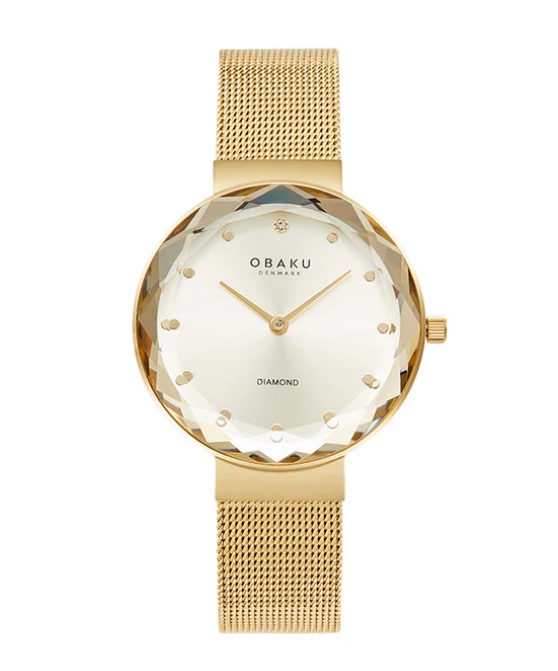 Ladies Obaku Facet Gold Watch With Gold Case, Dial, Mined Crystal and