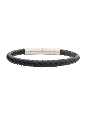 Men's Stainless Steel 6mm Black Genuine Leather with Brushed Tubular Press Clasp Bracelet. Comes with 1 Self-Adjustable Link. Length: 8.5" - 8".