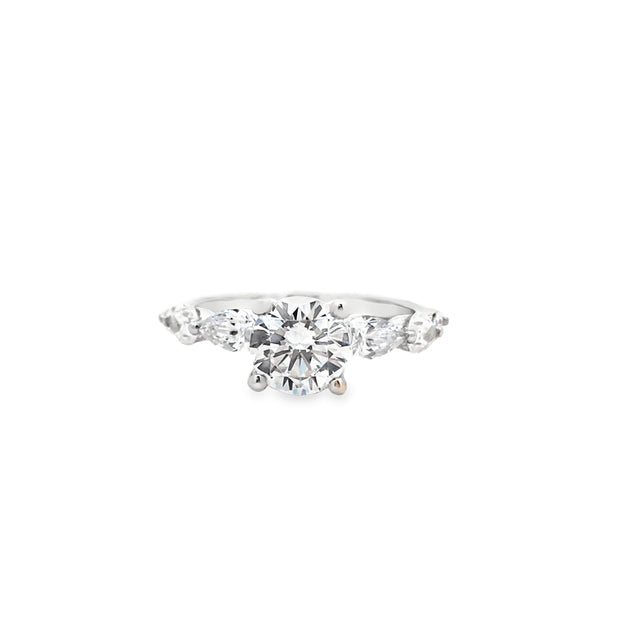 14kt White Gold Ring With 1.00ct CZ Center and 6 Pear Shape Side Diamo