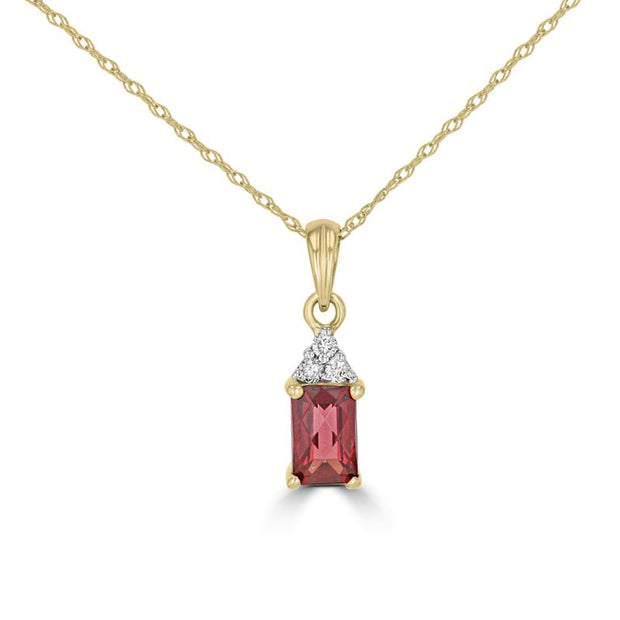 Yelow Gold Pendant With One 4x6 Baguette Garnet At .77tcw And Three Ro