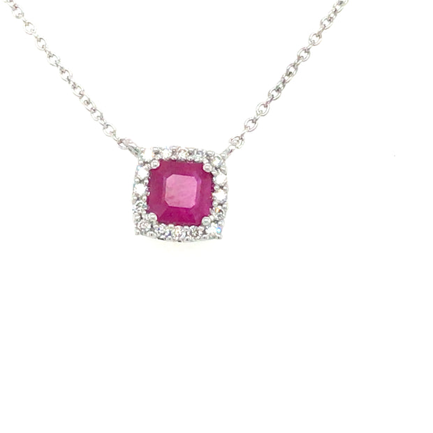 14kt White Gold Pendant With Cushion Cut Ruby .44ct and 16 Round Diamo