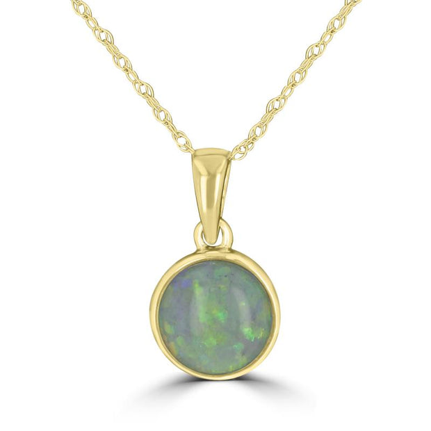 14kt Yellow Gold 7mm Round Bezel Set Opal .60ct  Pendant With 18 Inch